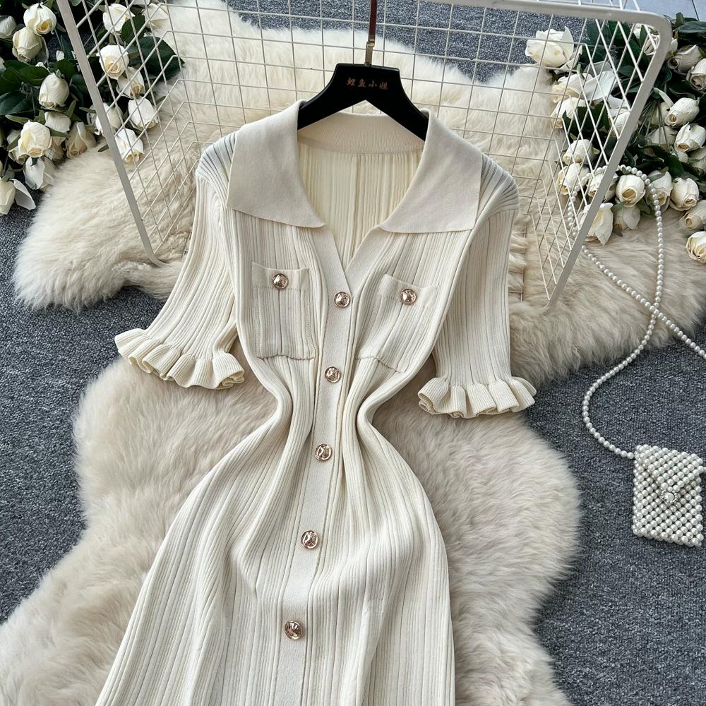 Summer Autumn Pink Button-Down Short Sleeve Short Knit Dress for Women Elegant Turn Down Collar Single-breasted Ruffles Slim Sweater Dresses
