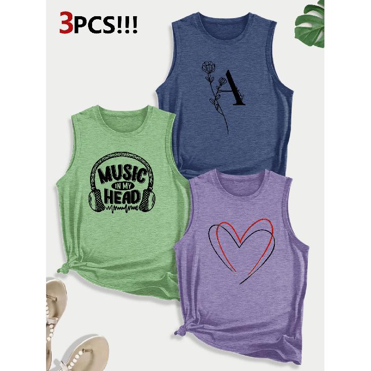 Music-themed Letter and Heart Combination Gift Print Pattern Round neck3Pack of Sleeveless Vests for Women In Spring, Summer, and Autumn