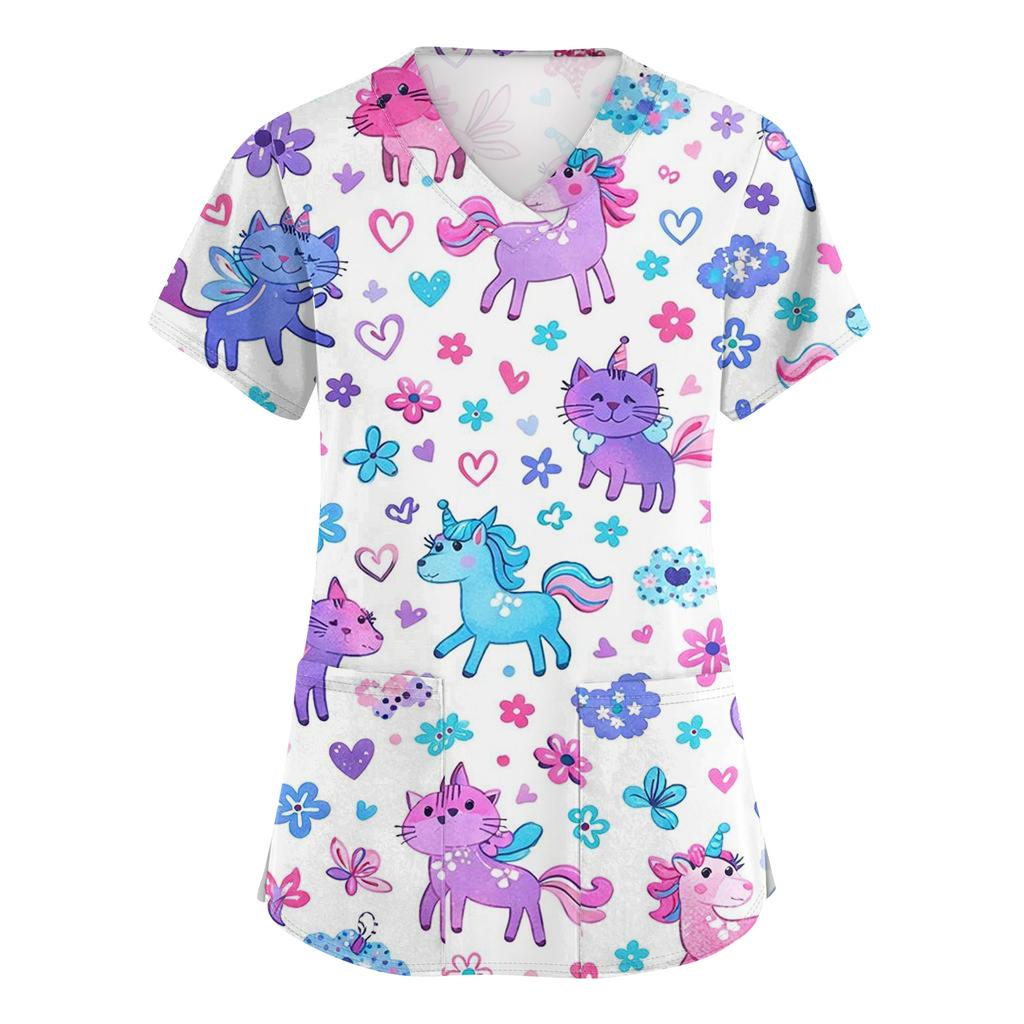 Women's Casual Short-Sleeve Cute Animal Print V-Neck Pocket Workwear Top