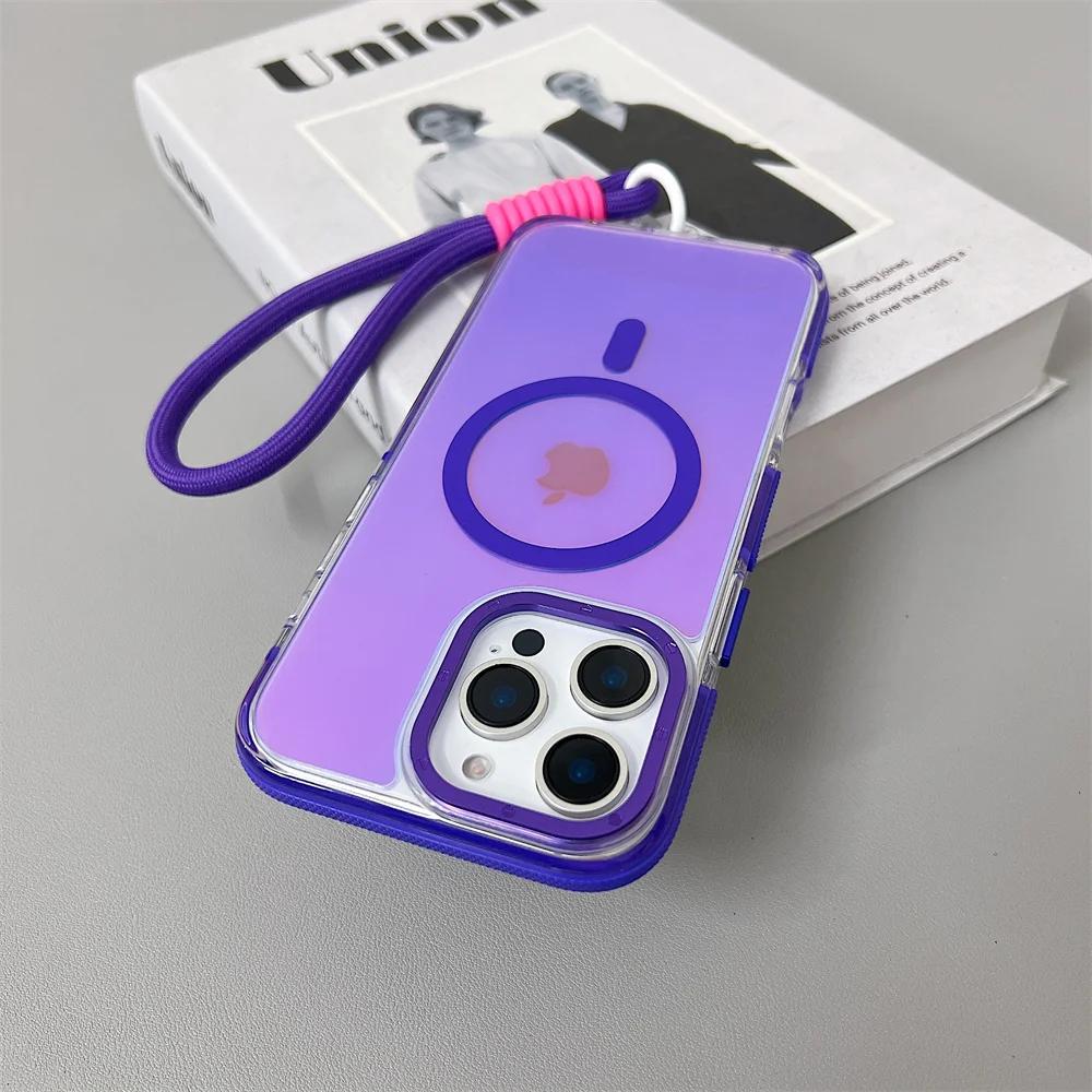 

Metal Lens Laser MagSafe Phone Case for iPhone 16 Pro Max 15 Pro 14 13 11 12 SE4 Frosted Discolour Wireless Charging Hard Cover For iPhone 13 Pro&Case & Strap фиолетовый