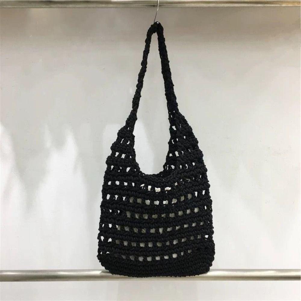 Korean Style Crochet Tote Bag Braided Knitted Shoulder Bag Hollow Out Knitted Weave Bag Outdoor