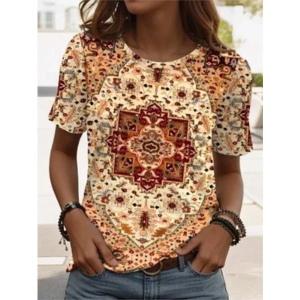 Round Neck Bohemian Style 3D Printed T-shirt for Summer Round Neck Short Sleeved Casual Women's T-shirts