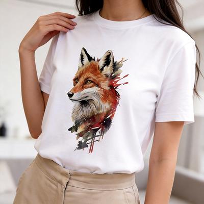 90s Spring Summer Crew Neck Short Sleeve T Shirt with A Fox Print Women's Fashion Y2k T-shirt Graphic Casual Tshirt Clothes