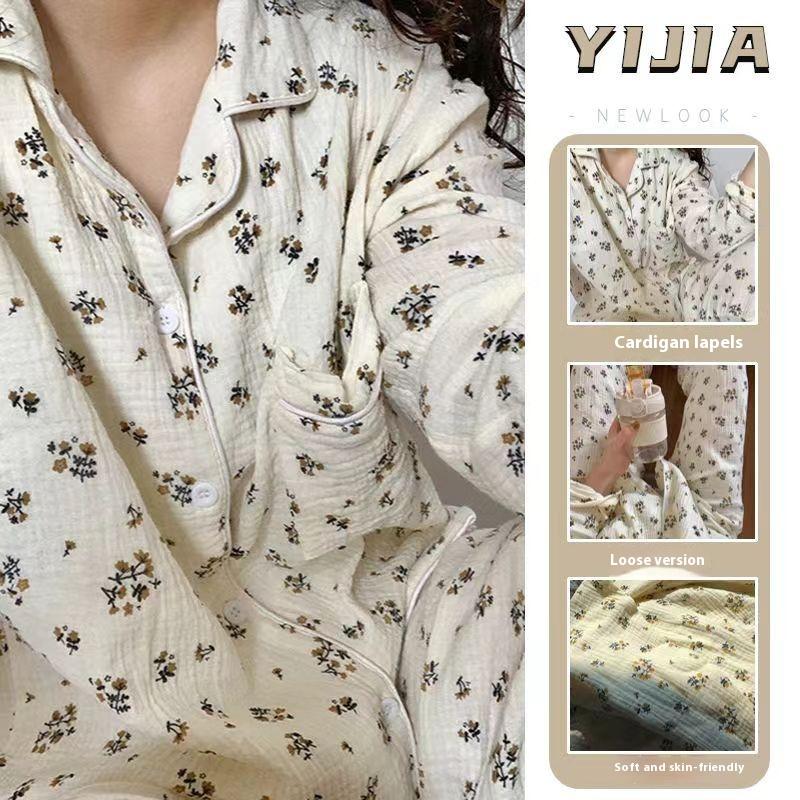 Spring New Long-Sleeved Pajamas Female Rustic Style Floral Imitation Cotton Wrinkled Cloth Loose Girls Sweet Pajamas Homewear Se