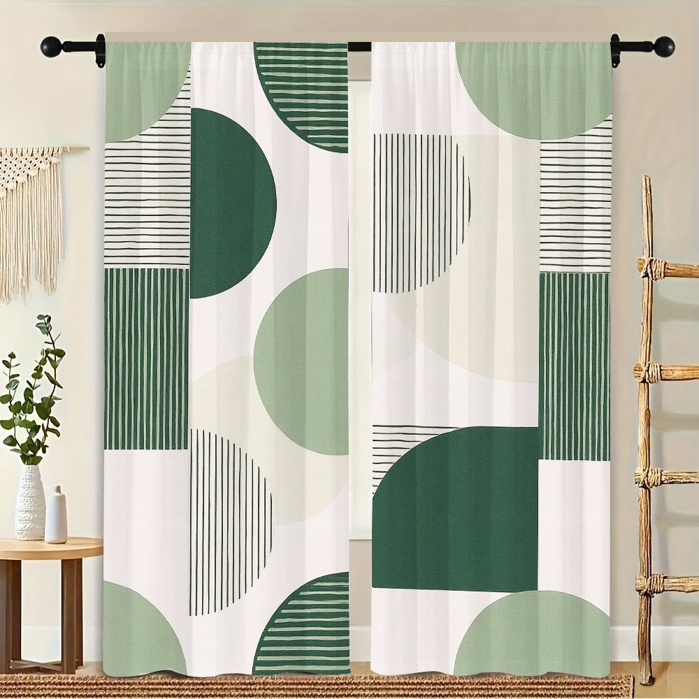 Geometric pattern curtain 2 pieces semicircle and lines on cream background, modern minimalist home decoration