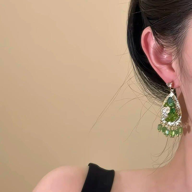 Medieval Silver Needle with Diamond Resin Water Drop Flower Fringed Stud Earrings Retro Ethnic Style Earrings Design Sense Niche Earrings