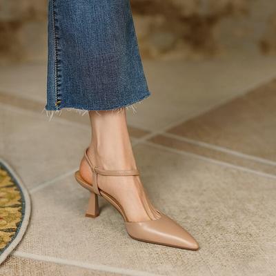 Mode Sommar Damskor Spetsig Tå Tunn Klack Damsandaler Äkta Läderskor för Kvinnor Slingback Eleganta Höga Klackar Festskor