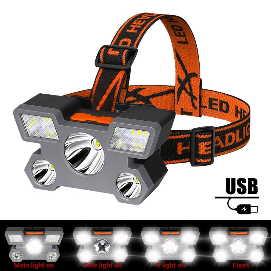 Powerful 5 LED Headlight USB Rechargeable Ultra Bright Headlamp Built-in 18650 Battery Head Torch Outdoor Camping Searchlight