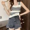 WTEMPO Girl's Retro Large Size Striped Casual Versatile Camisole Vests Women's Spring Summer Sleeveless Knitted Bottoming Tank Tops