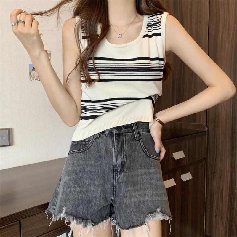 WTEMPO Girl's Retro Large Size Striped Casual Versatile Camisole Vests Women's Spring Summer Sleeveless Knitted Bottoming Tank Tops