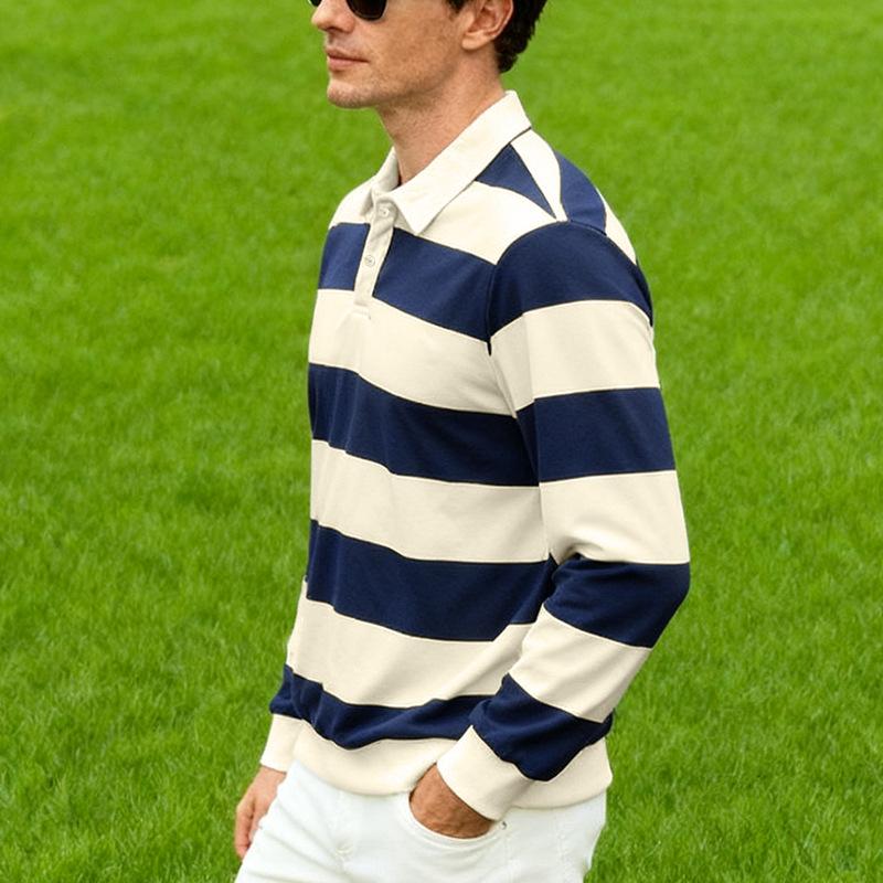 New Men's Long-Sleeved Polo Shirt: Relaxed Fit, Lightweight, Mature-Style Striped Casual T-Shirt