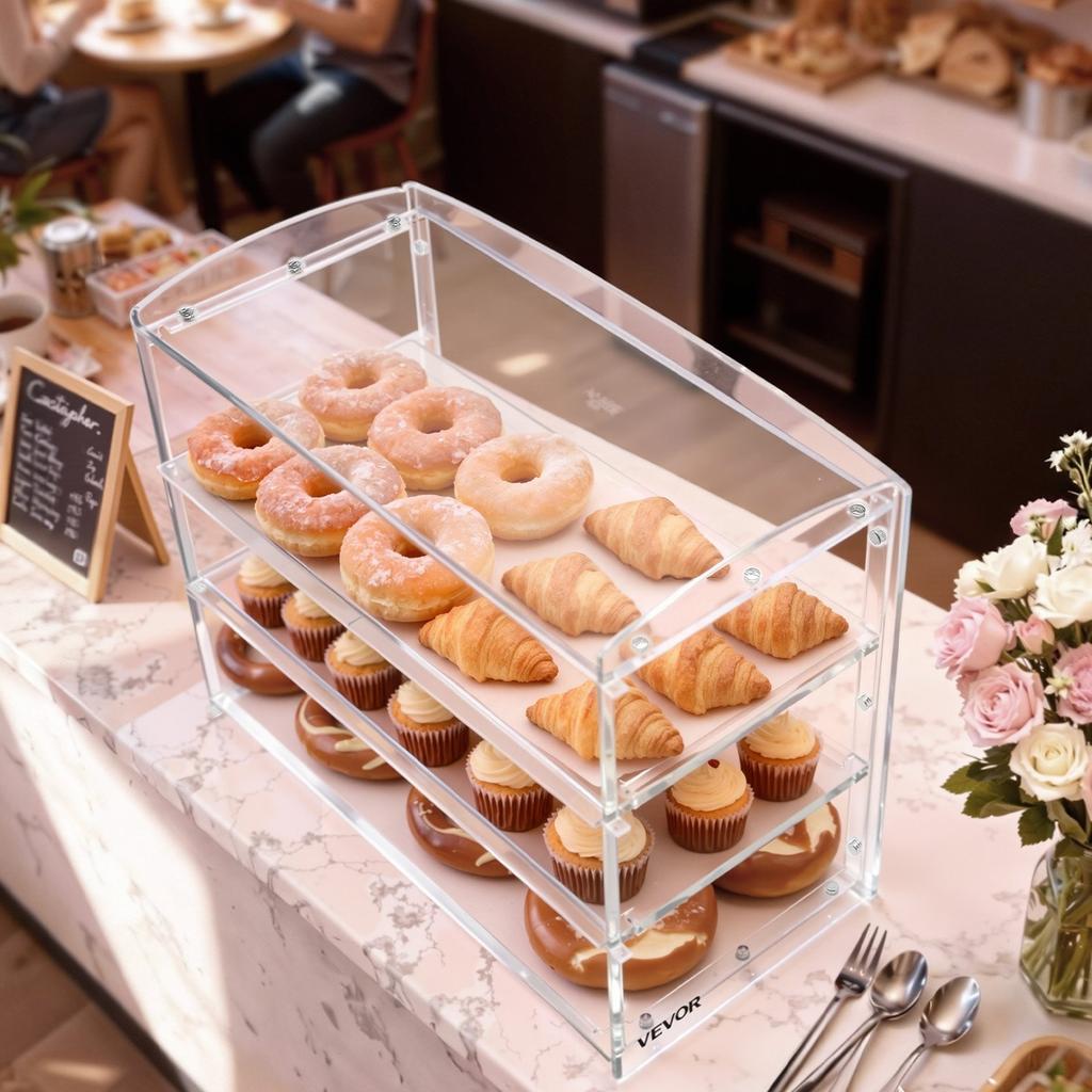 Bakery Display Case, 3-Tier Commercial Countertop Pastry Display Case, Clear Acrylic Bread Box for Kitchen, Party Cake Cabinet with Flip-Up Door for