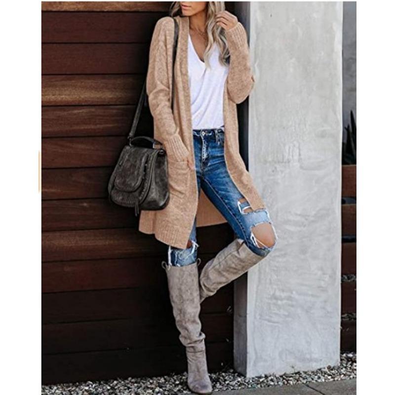 

Осень Зима Свободный Повседневный Однотонный Вязаный Длинный Плащ Женский Карман Все-сочетаемый Кардиган Свитер Топ S хаки