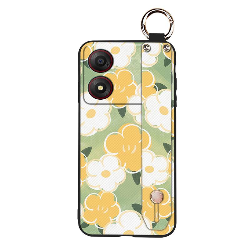 Kickstand Oil Painting Phone Case For ZTE Blade A34 Anti-dust Ring Fashion Design Anti-knock Lanyard Wrist Strap Flower