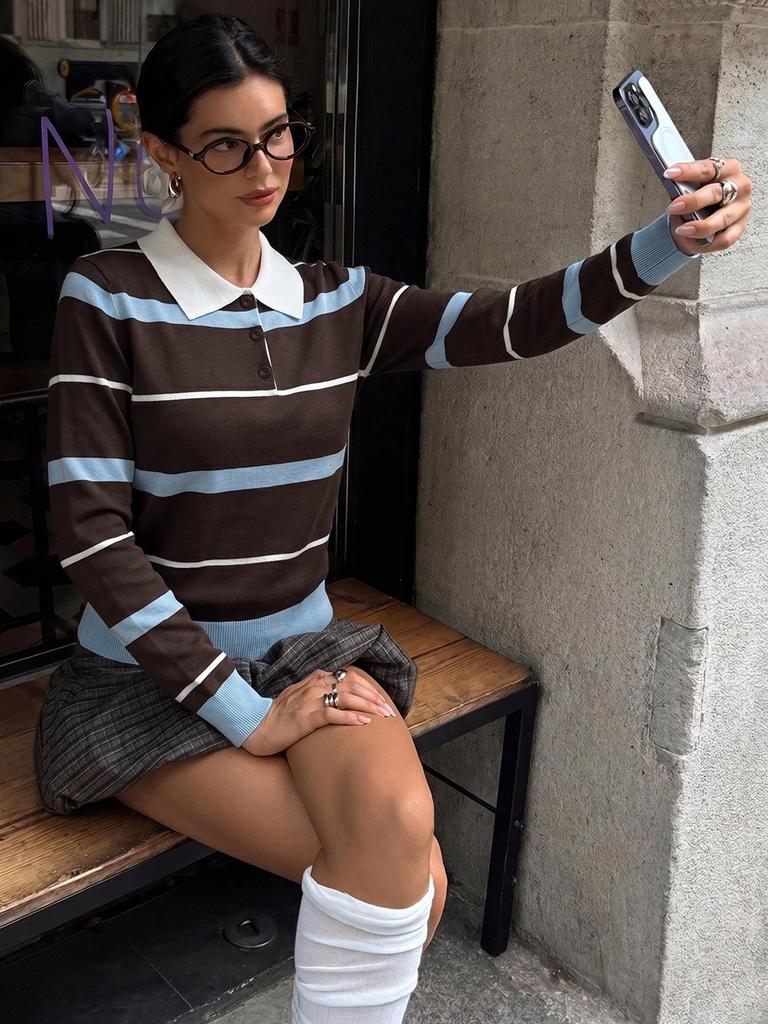 2026 A/W Retro Maillard Color Block Striped Polo Sweater