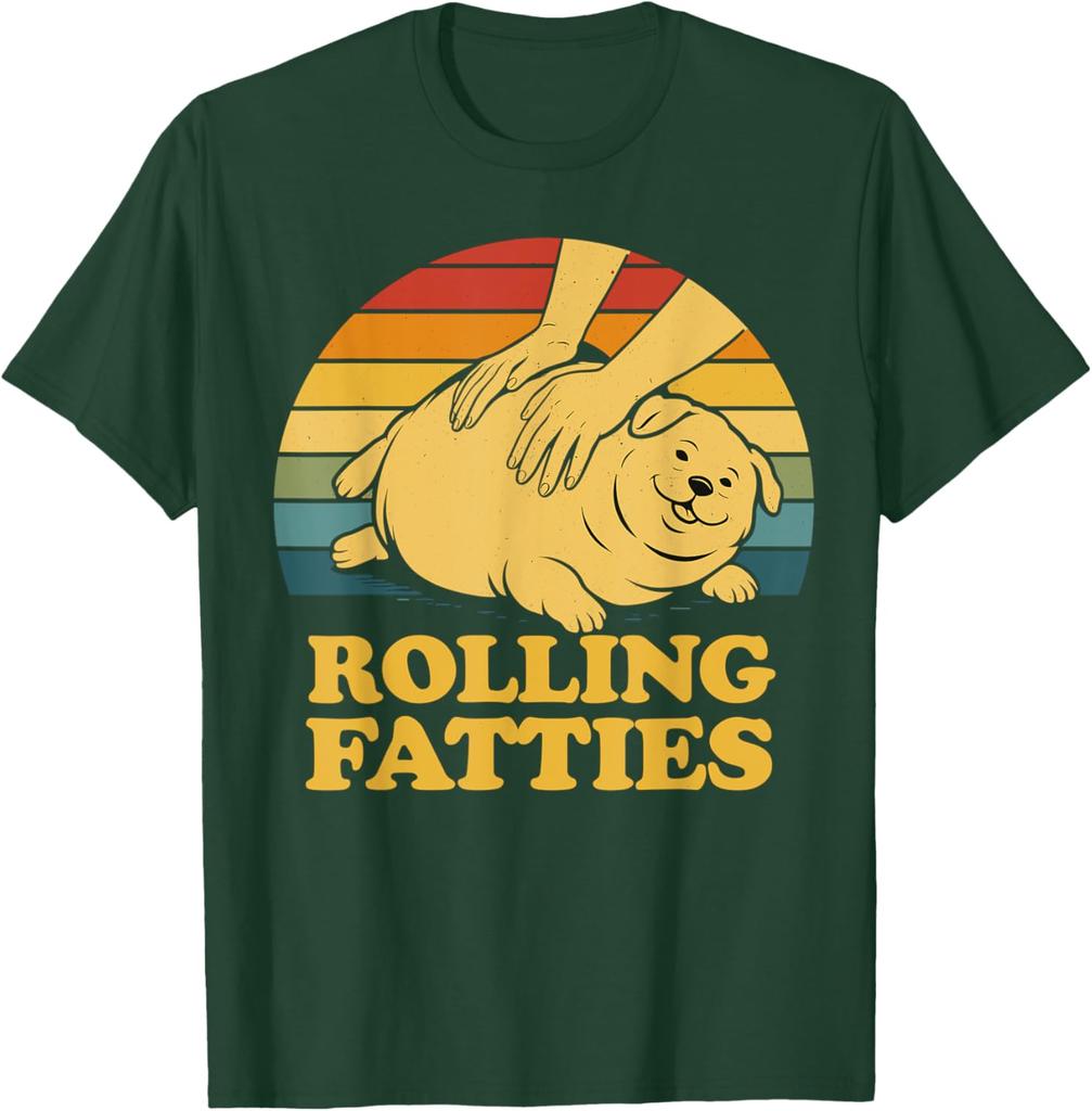 Rolling Fatties Funny Dog Graphic Tee Retro Sunset Print Soft Cotton Casual T-Shirt for Men Women