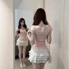 New Summer Bow Lace Edge Pink Sweet Spice Girl Short Bubble Sleeve Short Sleeve T-Shirt Top Women