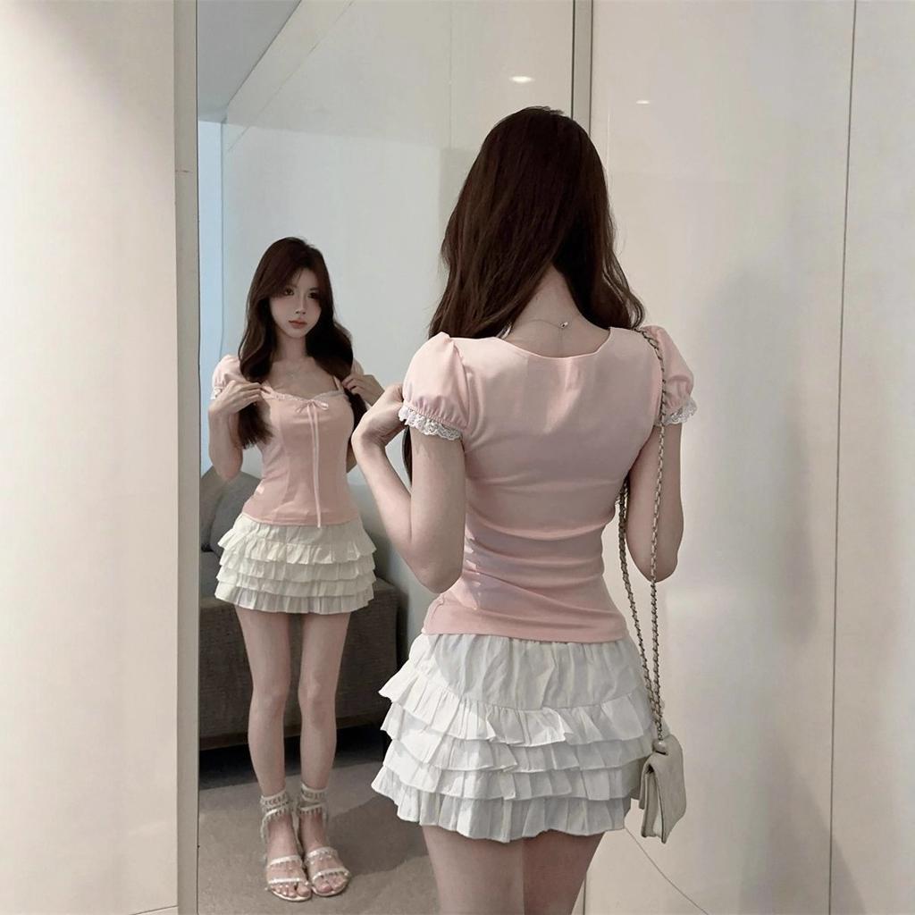 New Summer Bow Lace Edge Pink Sweet Spice Girl Short Bubble Sleeve Short Sleeve T-Shirt Top Women