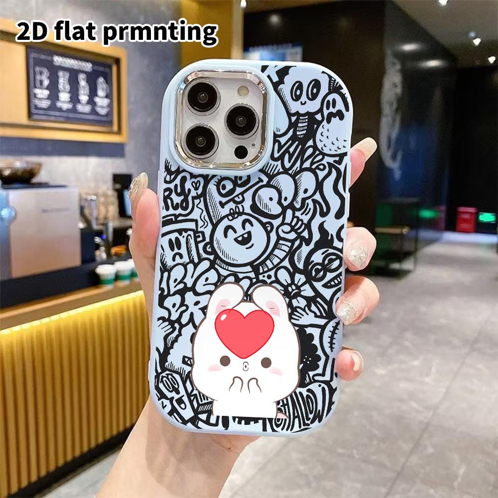 Phone case: 2D flat design suitable for iPhone 18 17 16 15 14 13 Pro protective case, couple style, love heart rabbit, Christmas and Halloween gift