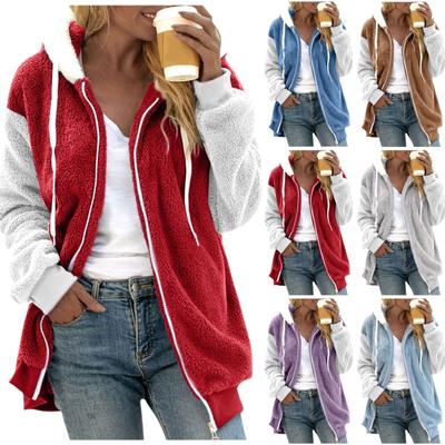 Women's Fashion Stitching Loose Hoodies Long Sleeve Plush Zipper Coat