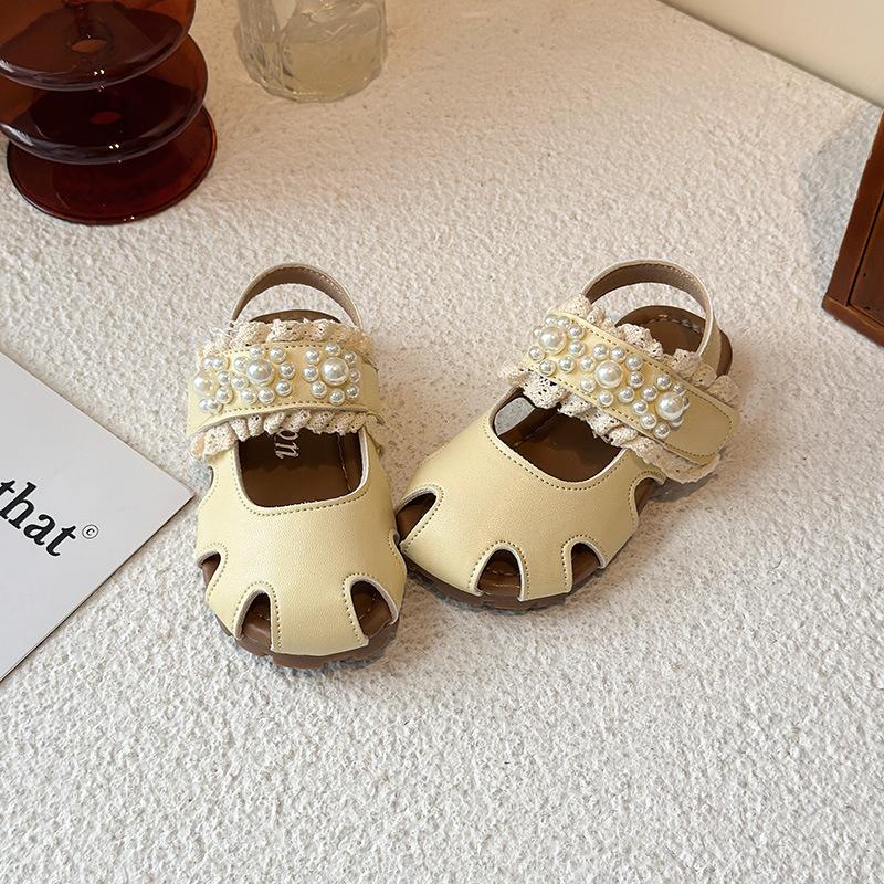 Girls' new summer princess shoes, Korean-style closed-toe sandals, soft-soled, non-slip, fashionable and versatile single shoes with pearls