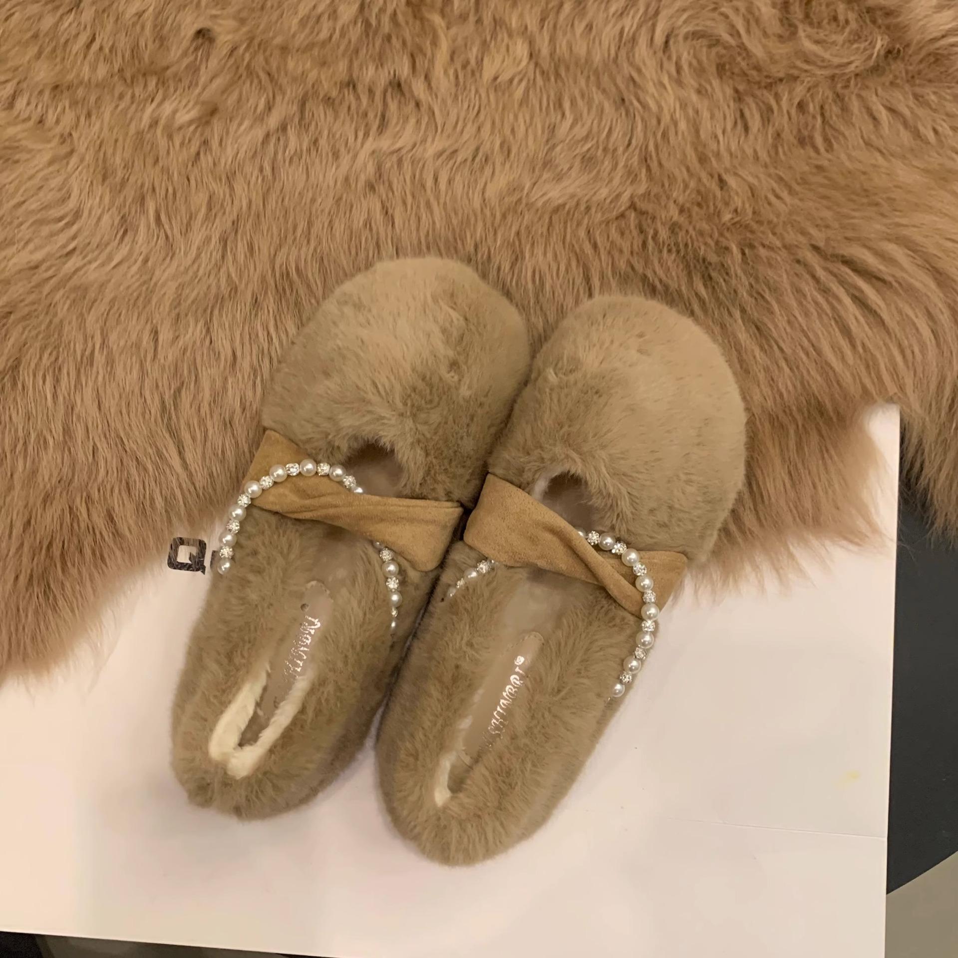 Женская модная теплая нескользящая хлопковая бархатная обувь с жемчугом 35 хаки