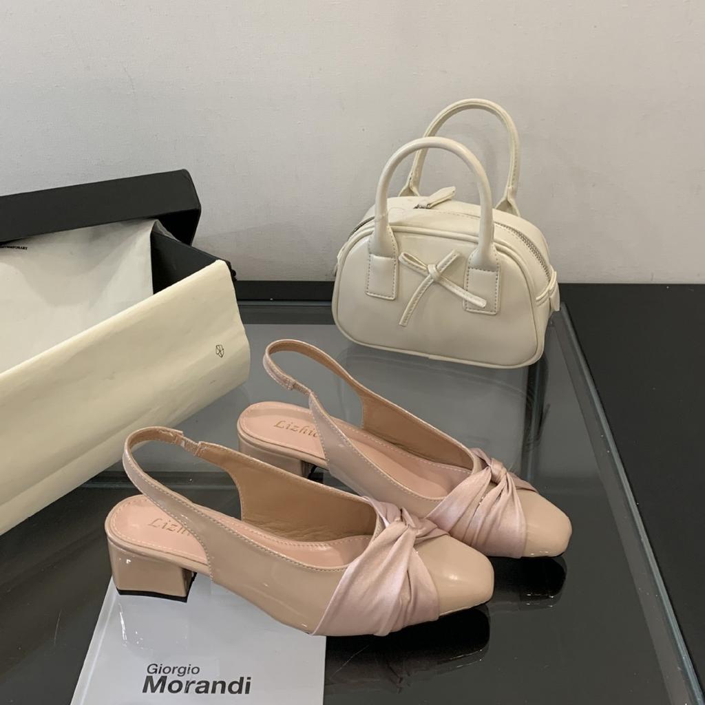 228-2~ Coarse heel French Xiaoxiangfeng bag head sandals women's shoes 2025 new temperament square head empty shoes