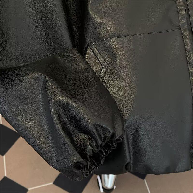 Short and wide hooded leather jacket men's spring and autumn cleanfit American ruffian handsome high-end silhouette loose PU leather jacket