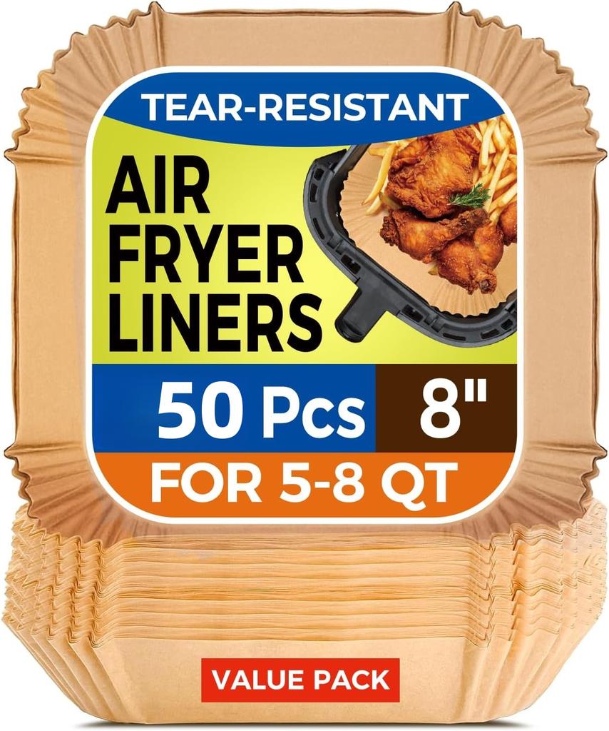 100 Pcs Air Fryer Basket Liners, Square 6 Inch Parchment, Pre-Cut for Convenience, Heat Resistant, for Easy and Fast Cleaning