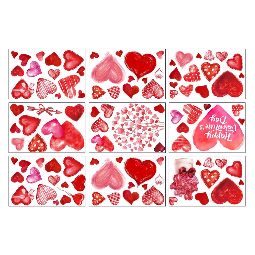 9 Sheets Watercolor Love Heart Print Window Decal Romantics Valentines Day Decors for Glass Door Window Sticker Clings