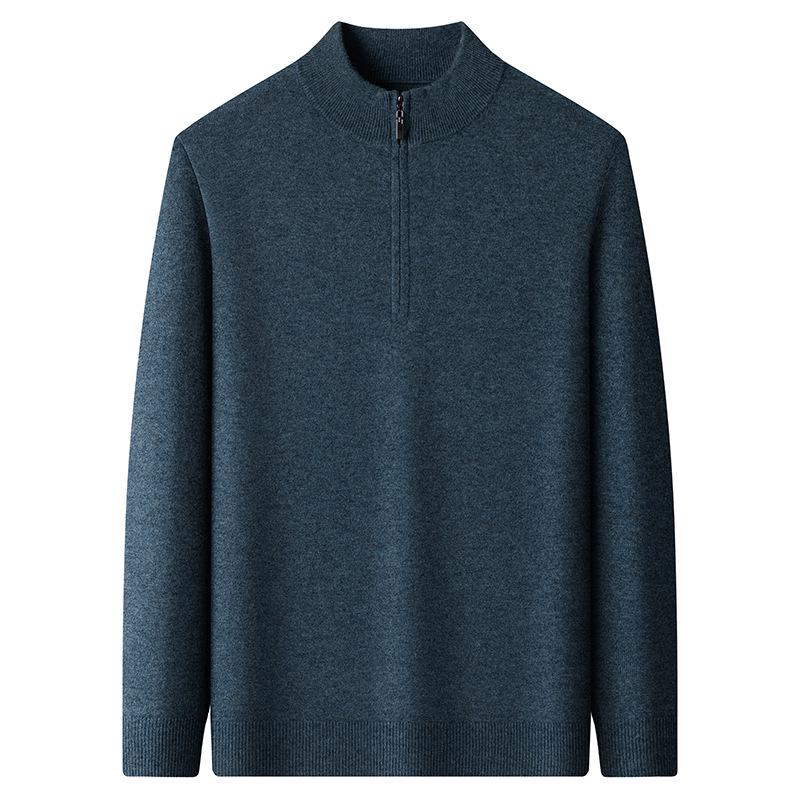 Winter 2025 Men's Warm Wool Sweater, Half-High Collar, Zipper, Solid Color, Thick Knit Base Layer