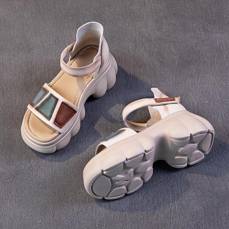 The first layer of cowhide sandals for women in the summer of 2025, the new breathable hollow ethnic style retro thick-soled muffin shoes for women