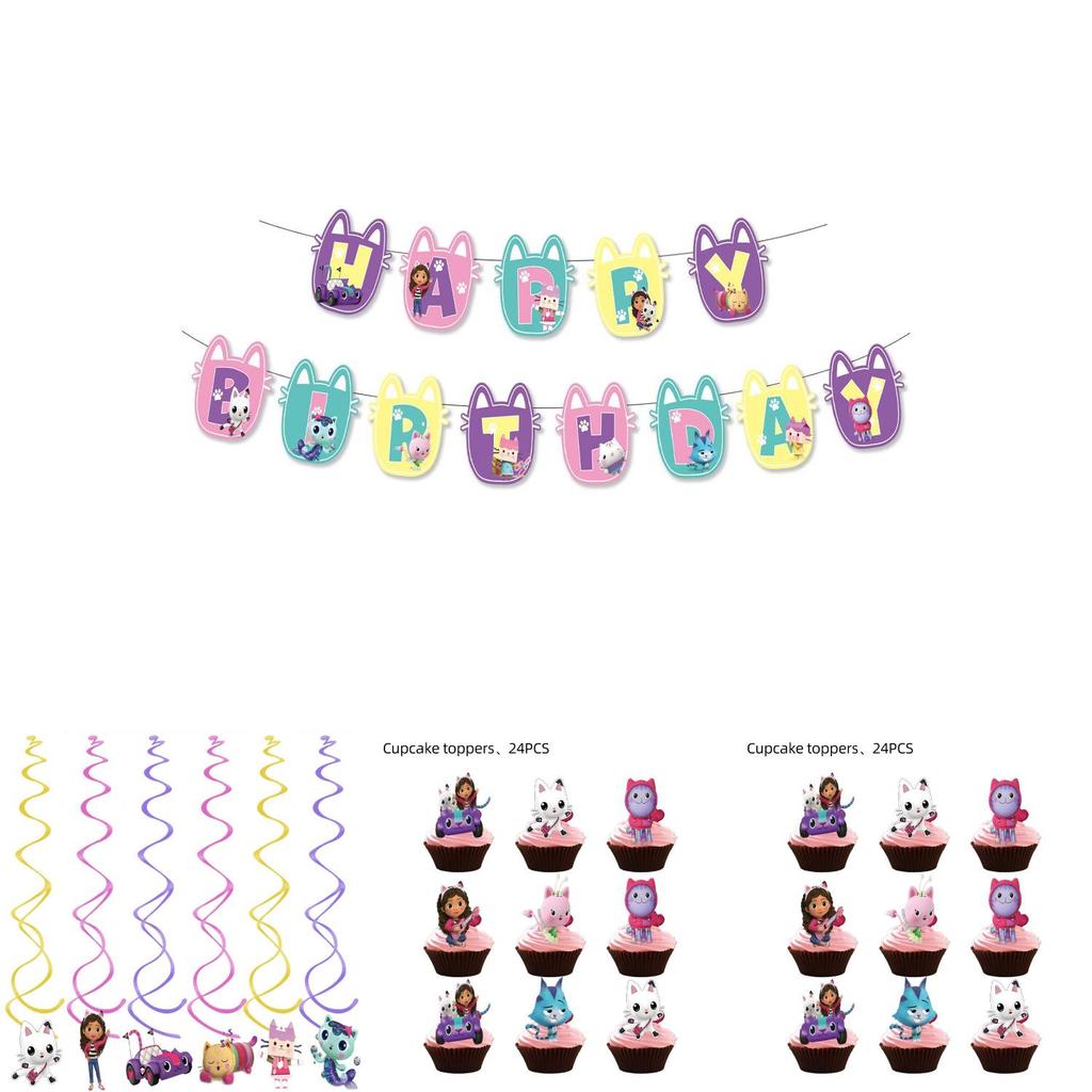 Gabbys Dollhouse Kids Birthday Party Supplies Decor Set With Durable Balloons And Colorful Flags