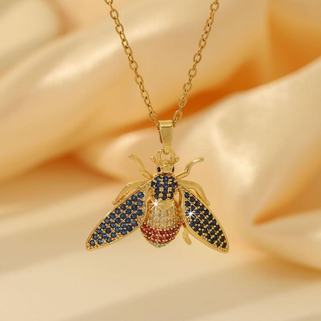 18K Gold Titanium Steel Bee Necklace with Zircon Inlays for Women - European & American Style