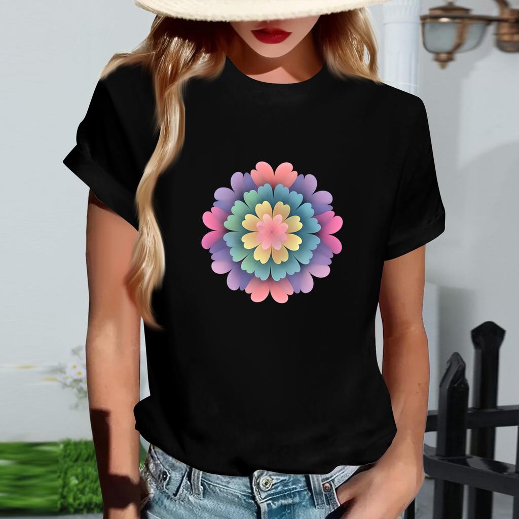 Women's Fashionable Round Neck Casual Retro Print Short Sleeved T-shirt Top