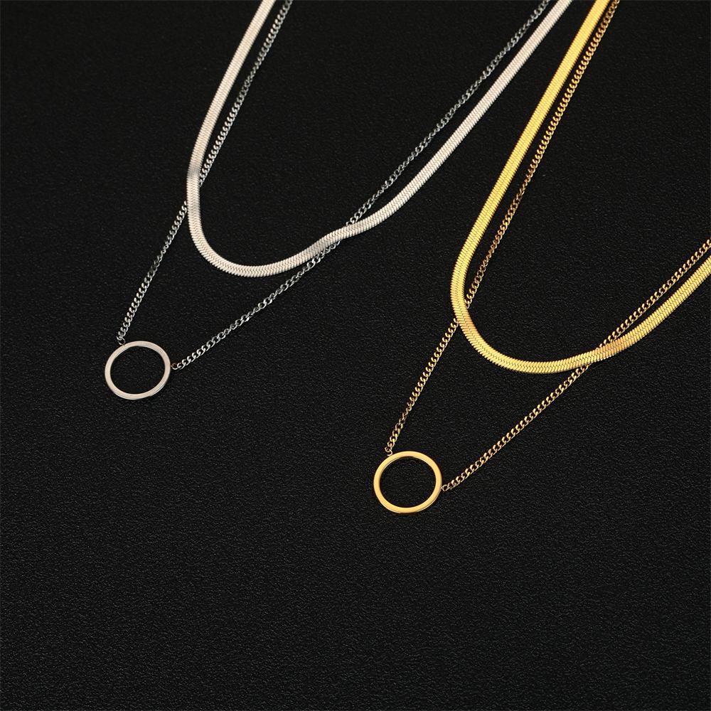Cazador Geometric Circle Pendant Double Layer Necklace Stainless Steel Long Chain Necklaces for Women Birthday Gifts Jewelry