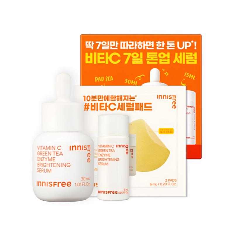 

Innisfree Vitamin C Green Tea Enzyme Brightening Serum Set (30mL + 15mL) + Brightening Pads 2pcs