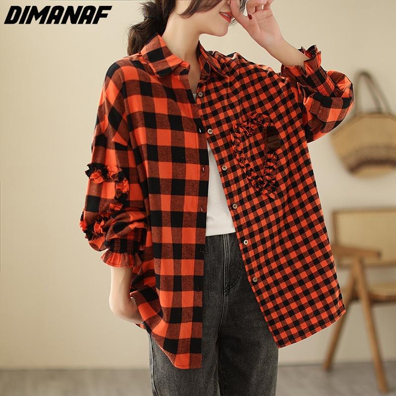 

DIMANAF 2023, весенняя стильная блузка, повседневная рубашка с клетчатым принтом, женская лоскутная свободная рубашка с длинным рукавом «летучая мышь»