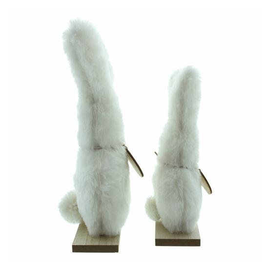 2 st Pälsklädda Kaninfigurer Påsk Plysch Vita Kaniner på Träbas för Vårfest Hemma Kontor Bordsskiva Dekoration