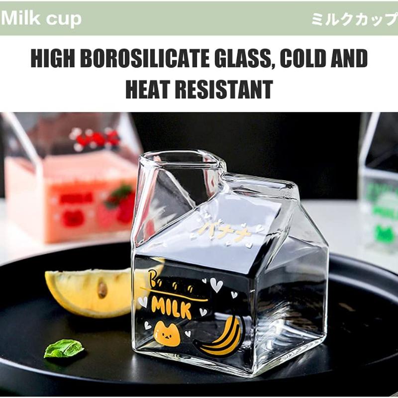380ml Kawaii Quadratischer Milchkarton Glasbecher Hitzebeständig Süß Erdbeere Pfirsich Frühstücksbecher Puddingbecher Milchflaschen