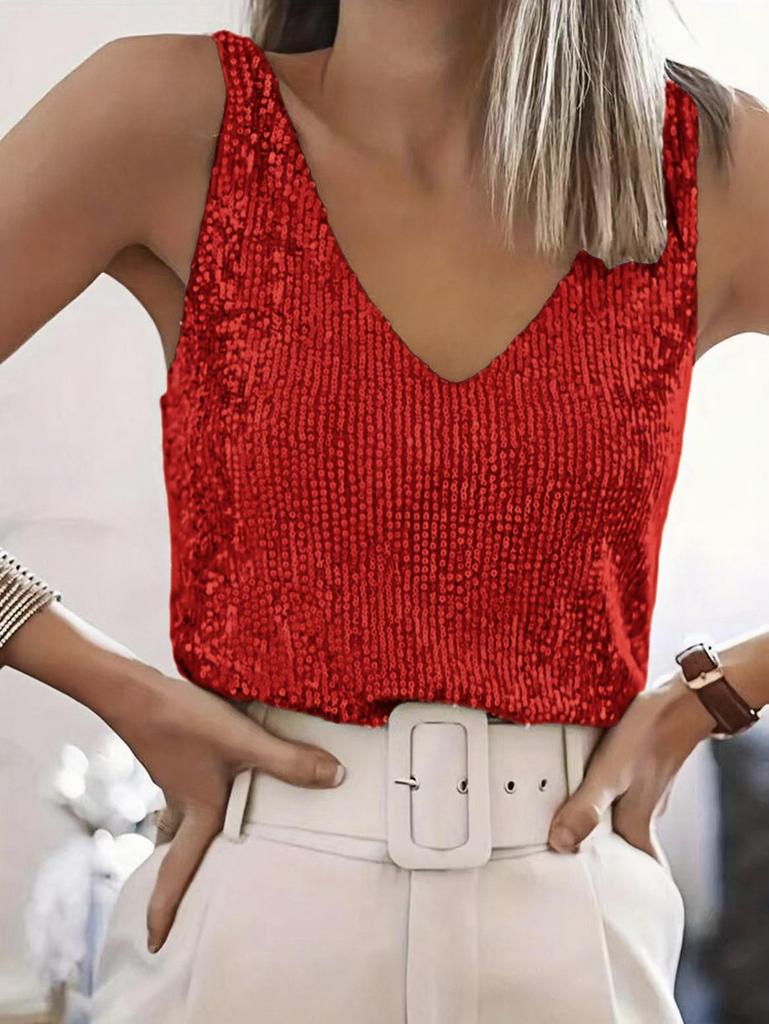 2026 Spring/Summer Women's V-neck Sequin T-shirt Vest