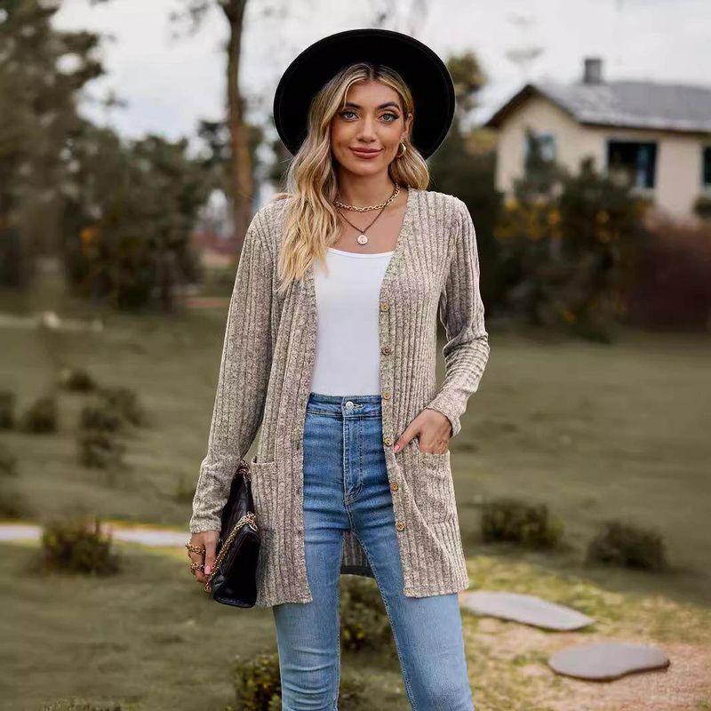 2023 Cross-Border Autumn New Women's Clothing Amazon Women's Brushed Ribbed Solid Color Long-Sleeve Cardigan Jacket