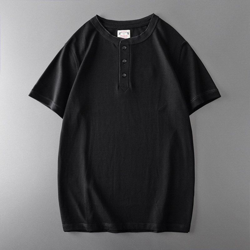 American Retro Henley Shirt Heavy Weight Pure Cotton Short Sleeve Amekaji Henry Collar T-Shirt Export Export Menswear T-shirt