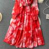 Women French Fashion Single Breasted V Neck Long Dress With Belt Summer Autumn Elegant Print A-line Robe Female Holiday Clothes