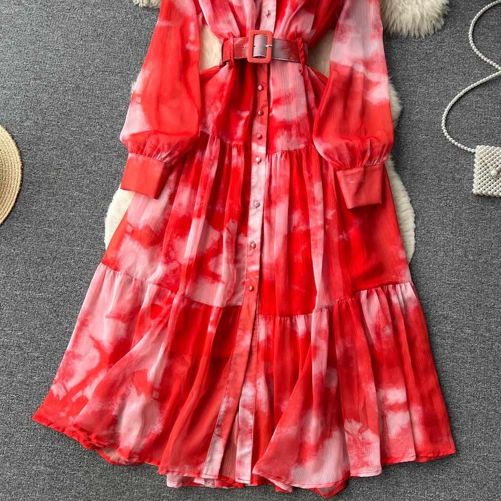 Women French Fashion Single Breasted V Neck Long Dress With Belt Summer Autumn Elegant Print A-line Robe Female Holiday Clothes