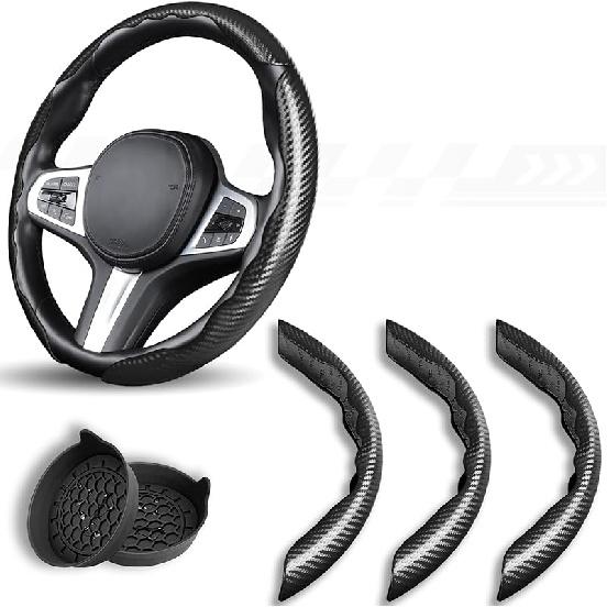 3 Piece Carbon Fiber Steering Wheel Cover,Car Steering Wheel Protector With Non-Slip Lining,Breathable Microfiber Universal For 14.5-15 Inch,Black