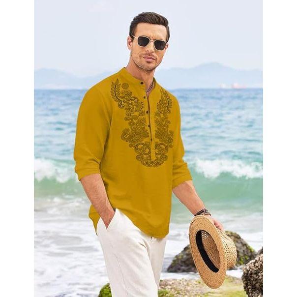 Kort herrkurta i bomullsblandning med långa ärmar och etnisk halsringning | Avslappnad kurta med skrynklig textur och mandarinkrage