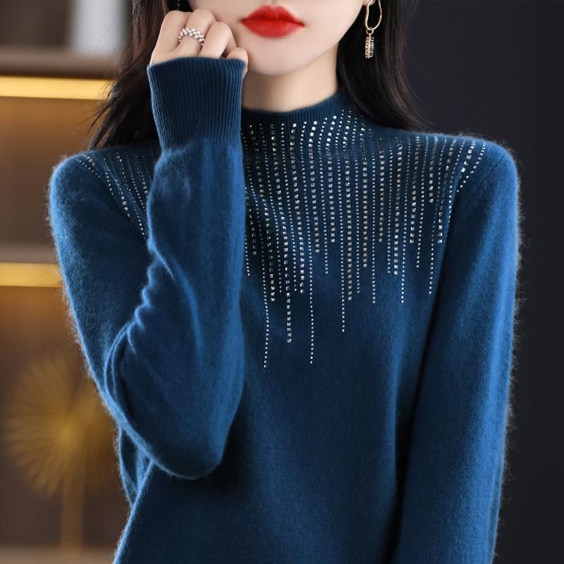 Women's Half Turtleneck Diamond Sweater, Qinghe Cashmere, 30% Cashmere 70% Wool, Winter Knitted Pullover Autumn Sweater Cashmere Sweater