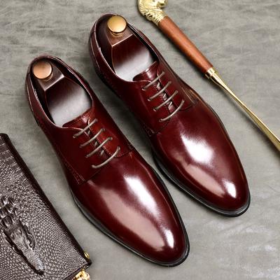 Elegant Men Genuine Leather Oxford Wedding Business Mens Dress Flats Shoes 2024 Back Burgundy Vintage Pointed Shoes For Men