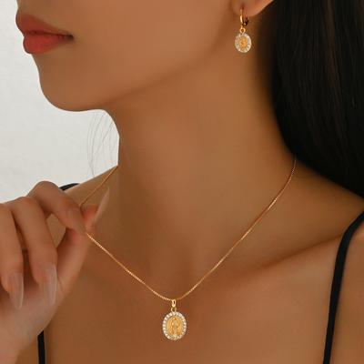 Wind Ladies Jewelry Set Virgin Mary Pendant Design Necklace Versatile Zircon Earrings Women